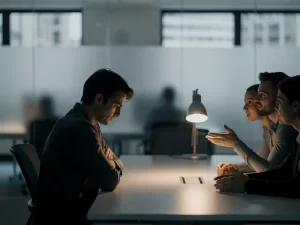 Anställd med korsade armar och nedåtblick sitter isolerad från kollegor vid konferensbord under livlig diskussion.